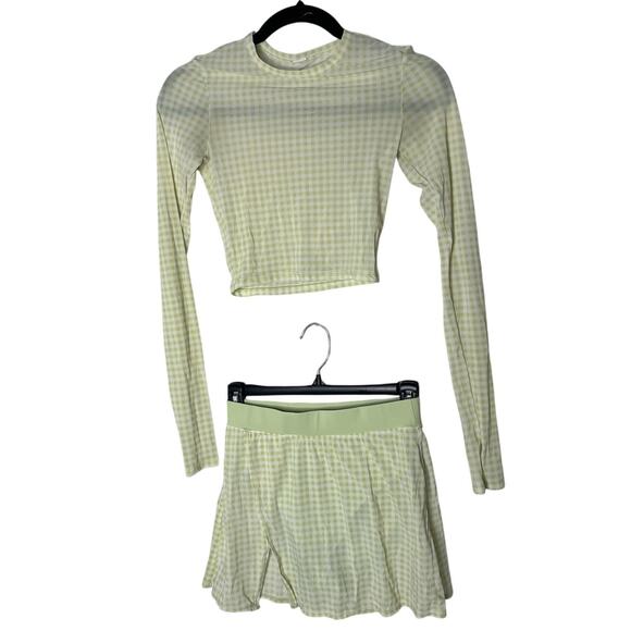 ALO Yoga Pants - Alo Yoga Mesh Gingham Cropped Long Sleeve Top, Skirt in Iced Green Tea Size XS